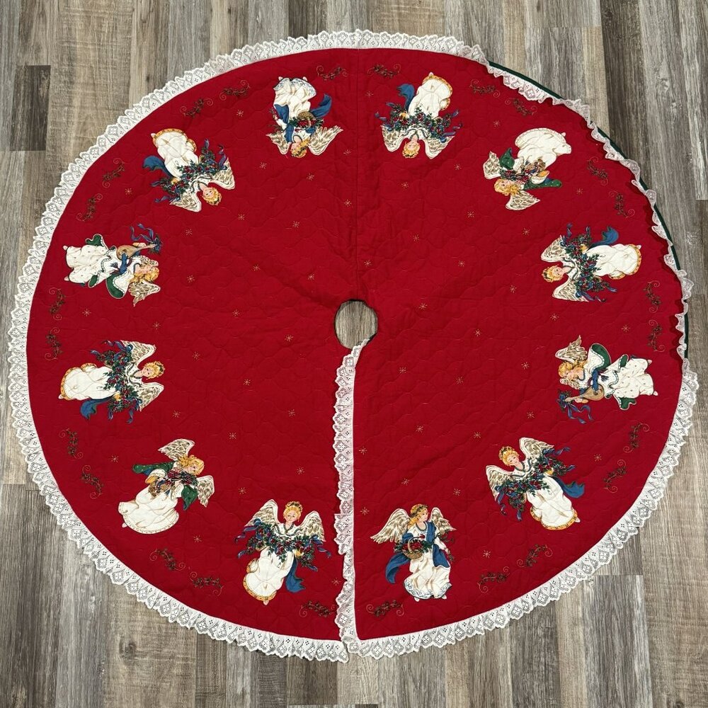 Handmade Quilted Christmas Tree Skirt 56" Round Red With Lace Trim Angel Design